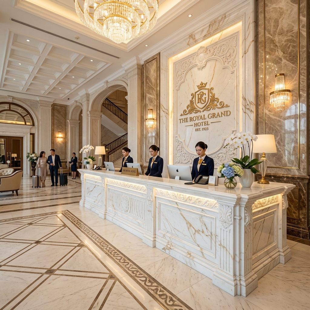 Ekskluzivni hotelski recepcijski pulti in obloge iz marmorja LAPIDOR